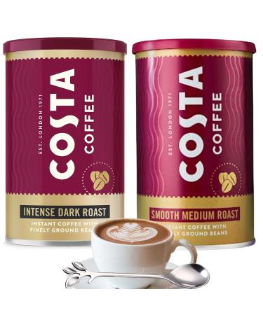 Costa Coffee Smooth Medium Roast Instant Coffee With Finely Ground Beans Tin 100g & Costa Instant Intense Dark Roast Coffee 100g With Ambience Spoon - Suitable For Vegetarians