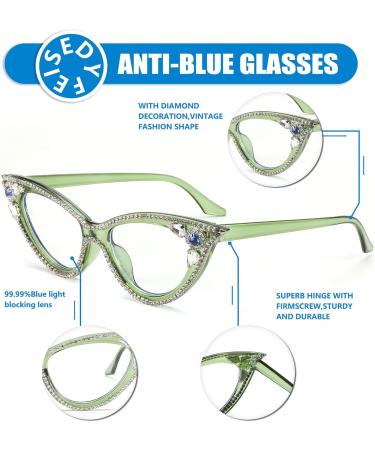 FEISEDY Diamond Blue Light Blocking Cat Eye Glasses for Women - Rhinestone Anti Eyestrain Computer Eyewear B0070 Green 50mm - Buy Online on GoSupps.com