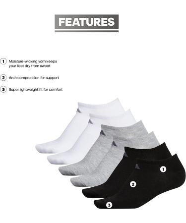 adidas Superlite No Show Womens Athletic Socks - 6 Pairs, Medium, Black/Heather Light Grey/White - Buy Online on GoSupps.com