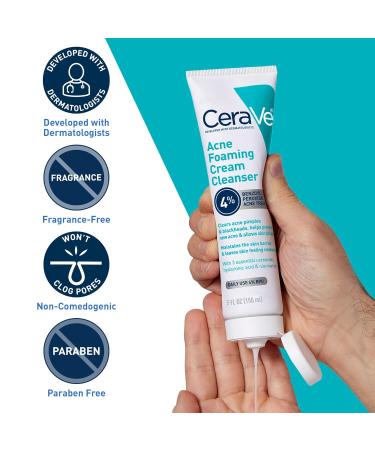 CeraVe Acne Foaming Cream Cleanser with 4% Benzoyl Peroxide, Hyaluronic Acid & Niacinamide - 5 Oz | Fragrance-Free, Non-Comedogenic Acne Treatment Face Wash - Buy Online on GoSupps.com