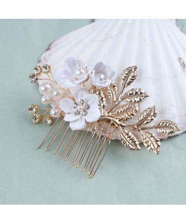 Wendalern Wedding Crystal Hair Comb Barrette Bride Pearl Hair Comb Rhinestone Flower Hair Barrette Comb Gold Leaf Hairpiece Decorative Hair Accessories for Women and Girls - Buy Online on GoSupps.com