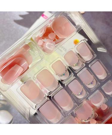 48Pcs French Press On Short False Nails with Glue - Nude & White Acrylic Toenails with Rhinestone, Exquisite Design for Women - Style 2 - Buy Online on GoSupps.com