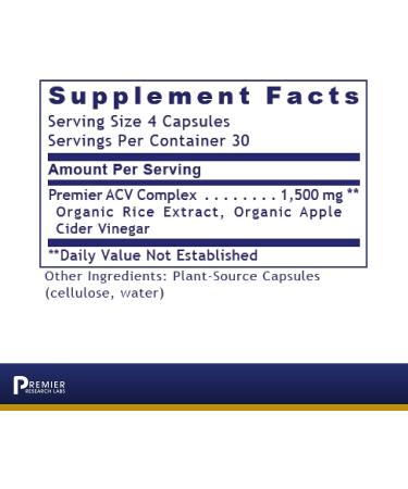 Premier Research Labs ACV - Apple Cider Vinegar Capsules for pH Balance & Alkalinity Support - Vegan Kosher 120 Capsules - Buy Online on GoSupps.com