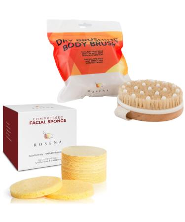 Massaging Dry Brushing Body Brush + Compressed Facial Sponges - Softer Clearer More Beautiful Skin Naturally