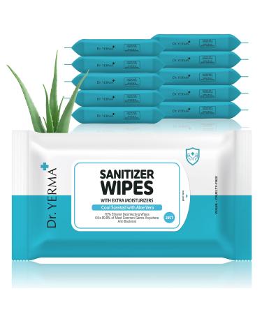 Dr. YERMA 70% Alcohol Hand Sanitizer Wipes with Aloe Vera & Extra Moisturizers 10 Packs of 20 (200 wipes) Travel Size Vegan Cool Scented COOL 10 Pack