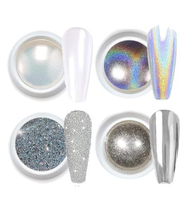 Chrome Nail Powder White Pearl Nail Powder Sparkle Diamond Nail Glitter Powder Metallic Laser Effect Nail Pigment Powder Design 3D Holographic Aurora Dust Nail Powder Nail Art with Sponge Sticks Set 3