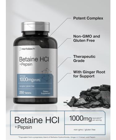 Betaine HCl with Pepsin 1326mg | 250 Capsules | Hydrochloride Supplement with Protease | Non-GMO, Gluten Free, Vegetarian | Horbaach - Buy Online on GoSupps.com