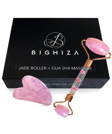 Jade Roller and Gua Sha Face Roller Tool Set Rose Quartz Roller with Real Flower Handle Anti Aging Noiseless Relax Relieve Fine Lines and Wrinkles for Face Eyes Neck Muscle Relaxing Pink - Rose Quartz