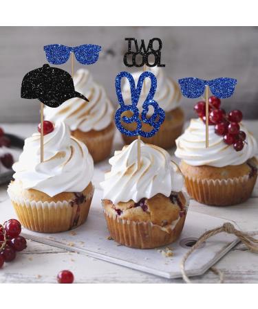 Two Cool Cupcake Toppers Baby 2nd Birthday Party Decor for Boys Sunglasses Sign Dessert Picks Two Years Old Birthday Party Decoration - Blue & Black Glitter - Buy Online on GoSupps.com