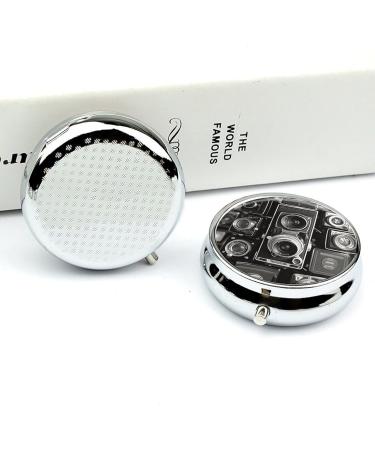 Vintage Camera Print Round Pill Box | 3 Compartment Portable Pill Organizer | Decorative Metal Pocket Case for Medicine - Buy Online on GoSupps.com