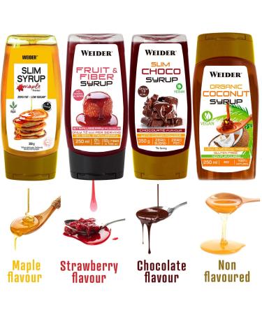 Weider Slim Syrup Maple. Maple Flavoured Syrup. for Delicious Recipes. Pancake Syrup. 100% Vegan. 0% Fat. Low in Calories. No Added Sugar. 350 g. - Buy Online on GoSupps.com