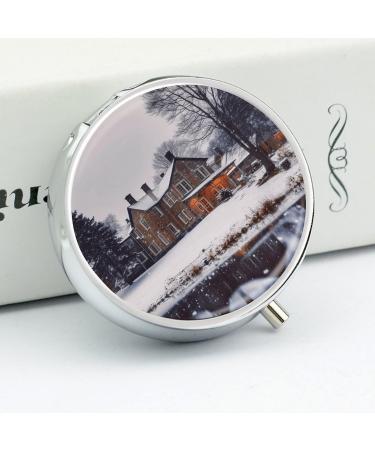 Round Pill Box - Winter Farmhouse Print | 3 Compartment Decorative Metal Pill Organizer | Portable Pocket Medicine Case - Style-27 - Buy Online on GoSupps.com