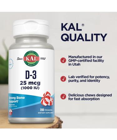 KAL Vitamin D-3 1000 IU Chewable | Peppermint Flavor | Healthy Immune Function & Bone Support | 200 Chews 200 Serv - Buy Online on GoSupps.com