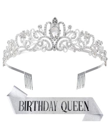 ZeroStage Birthday Queen Sash and Tiara for Women Crystal Crown Rhinestone Hair Headband Set Happy Party Princess Decorations Accessories Girls Gifts Outfit Kits Silver