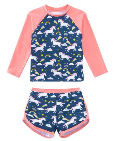 TUONROAD Girls Swimming Costume Toddler Baby Kids Two Piece Long Sleeve Swimsuit UPF 50+ Protection Bathing Suit Swim Set for 4-10 Years 3-4 Years Pink Unicorn