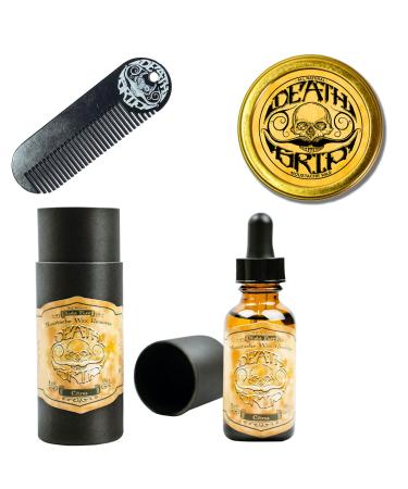 THE VINTAGE GROOMING CO. Death Grip Extra Strong Hold Mustache Wax with Death Grip Keychain Mustache Comb and Night Fury Mustache Wax Remover Oil Set