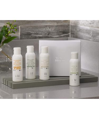 Atelier Bloem Travel Gift Set with Mandarin & Citrus Body Wash  Kadota Fig Body Lotion  Oolong Tea Shampoo  and Geranium Conditioner - Includes Gift Box - 1.7 oz. Bottles