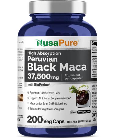 NusaPure Black Maca Root 37,500mg per caps (50:1 Extract) 200 Veggie Capsules (Vegan, Non-GMO, Gluten-Free)