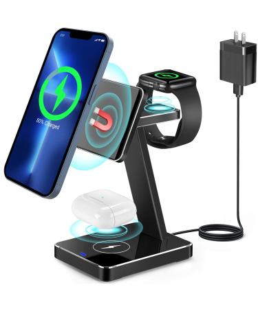 Aluminum Alloy 3 in 1 Magnetic Wireless Charger 15W Fast Wireless Charging Station Compatible with MagSafe Charger Stand iPhone 15 14 13 12 Pro/Pro Max/Mini/Plus Apple Watch Ultra/S9/8/7/6/SE Airpods Black