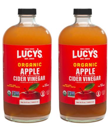 Lucy's Family Owned - USDA Organic NonGMO Raw Apple Cider Vinegar, Unfiltered, Unpasteurized, With the Mother, 34oz Glass Bottle (2 Pack) Organic Apple Cider Vinegar 34 Fl Oz (Pack of 2)