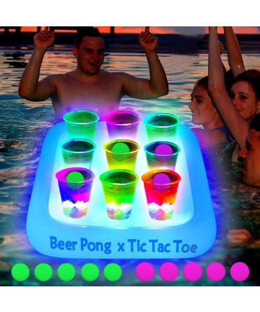 Six Senses Media 23x23 Inch Glowing Tic Tac Toe Pool Party Rack Floating Beverage Pong Rafts, Swimming Pool Pong Game and Drink Holder, Includes 1 Rafts 9 Cups and 10 Pong Balls, Flashing Color