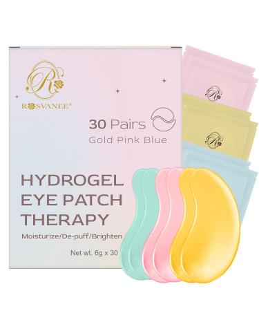 ROSVANEE Under Eye Patches 30 Pairs Eye Mask for Dark Circles Puffiness Undereye Bags Wrinkles Hydrogel Eye Mask Patches with 24K Gold Blue Hyaluronic Acid Pink Rose