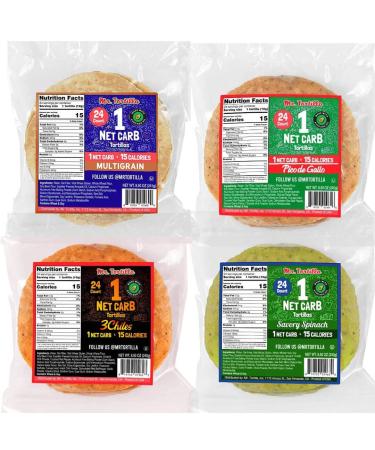 Mr. Tortilla 1 Net Carb Tortilla Variety Pack (96 Tortillas) | Keto, Low Carb, Low Calorie, Vegan, Kosher | 4 Flavors, Made with Avocado Oil