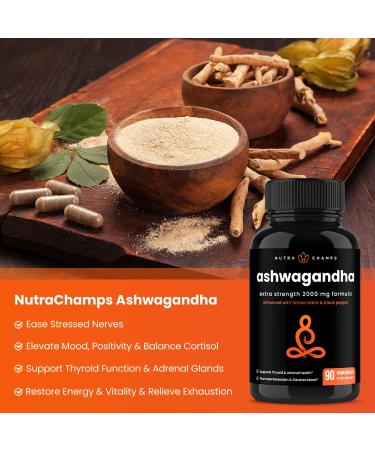 NutraChamps Organic Ashwagandha Capsules 2000mg Adrenal Fatigue Thyroid & Mood Support Ashwagandha Supplements Ashwagandha Root Powder & Lemon Balm Superior Absorption with Black Pepper - Buy Online on GoSupps.com