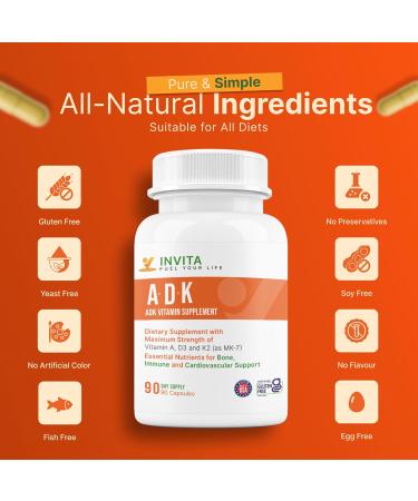 INVITA ADK Vitamin Supplement 90 Capsules High Potency of Vitamin A D3 5000 IU & K2-MK7 Physician Formulated for Bone Heart & Immune Support Non-GMO Gluten Free (3-Month Supply) Pack of 1 (90 Count) - Buy Online on GoSupps.com