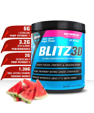 BLITZ3D Ultra Concentrated Pre Workout Powder for Men & Women, Premium, Effective, Affordable, L-Citrulline, NO3-T, Beta Alanine, DMAE, Caffeine, Yohimbine Superior Energy & Nitric Oxide Pumps + Focus Watermelon