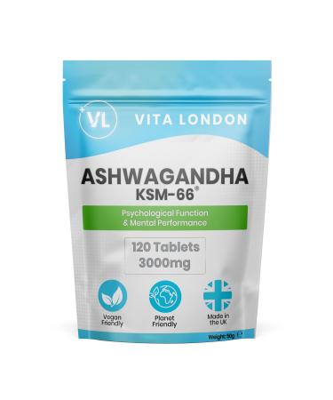 Ashwagandha Organic KSM-66 Tablets 3000mg | 2 Month Daily Supply | 120 High Strength Supplement Tablet (Not Capsule or Powder) | Made in UK | Vegan 120 count (Pack of 1)