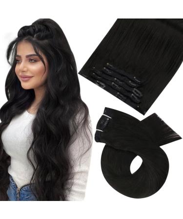 Moresoo Clip in Hair Extensions Real Human Hair Black Clip in Extensions 16 Inch Natural Black Hair Extensions Clip in Real Hair 7 Pieces/120g #1B 40 cm #1B