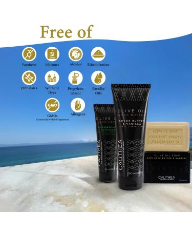 Calithea 3-Step Body Set: Cocoa Butter & Vanilla Body Butter, Hand Cream with Chamomile & Avocado, Shea Butter & Oatmeal Soap Body Set with Shea Butter & Oatmeal Soap - Buy Online on GoSupps.com