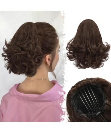 BARSDAR 22cm short wavy ponytail extension ridge clip cord strain wavy ponytail hair exension synthetic comb clip brown ponytail hair parts natural for women (chocolate brown) 22cm dark chocolate brown
