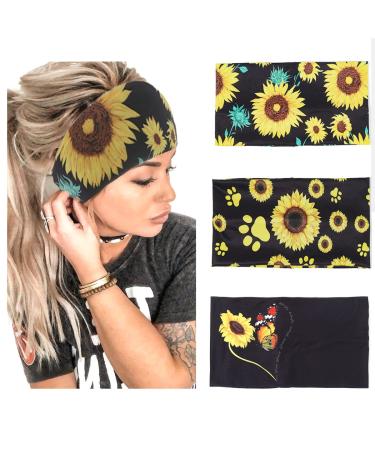 Fashey Bohemian Headbands for Women Wide Head band Printed Bandeau Stretch Fabric Hair Wraps Yoga Workout Hair Wraps Wide Sunflower Hair Bands Fashion Hair Accessories for Woman and Girls 3 Pack (Type A)