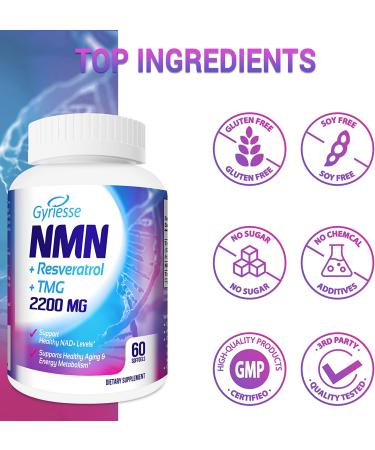 Liposomal 2200mg High Dose Softgel with NMN 500mg, Trans-Resveratrol 1200mg, TMG 500mg - 3-in-1 Antioxidant for Anti-Aging, Cell Repair - 120 Softgels (2 Pack) - Buy Online on GoSupps.com