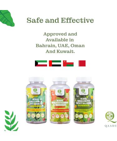 QAADU Kids Calcium & Vitamin D Gummies for Healthy Bones Stronger Teeth and Growth Vegan Delicious Mango & Strawberry Flavor 60 Chewable Gummies Certified Vegan by The Vegan Society of UK - Buy Online on GoSupps.com