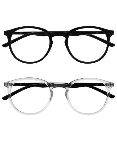OPULIZE Met - Reading Glasses with Blue Light Blocking 2 Pack Slim Round Frame Scratch Resistant Spring Hinges Improve Sleep Computer Gaming Anti-Reflective Black Transparent Mens Womens BB60-1C +1.50