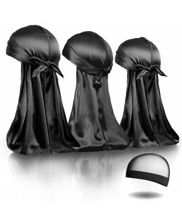 Supaze 3Pcs Durag, Durags for Men Silky, Silk Durag for Men Women 360 Waves Extra Long Tail with 1 Wave Cap (3*Black) Black, Black, Black