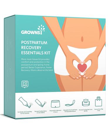 Postpartum Recovery Essentials Kit for Labor&Delivery Grownsy All-in-One Postpartum Kit Includes PERI Bottle Herbal Cooling Spray Herbal Cooling Liners Hot &Cold Packs Disposable Underwear
