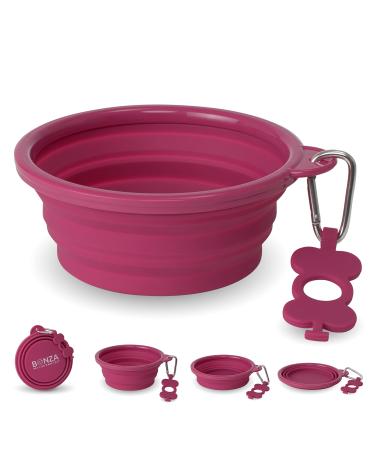 Bonza Large foldable dog bowl 1000 ml stable reinforced edge including carabiner & water bottle holder Key trailer pink pink large