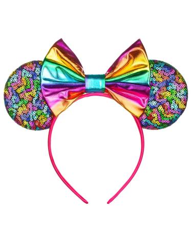 Mouse Ears Headbands Shiny Bows Mouse Ears Glitter Party Princess Decoration Cosplay Costume for Baby Kids Girls & Women (Magic rainbow-1)