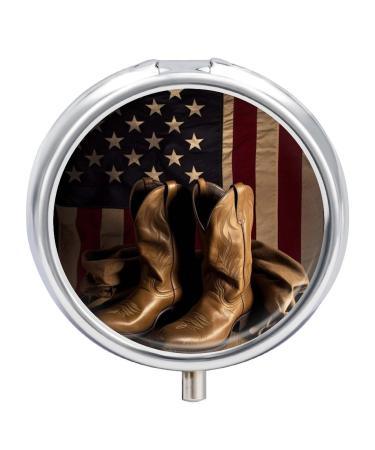 Round Pill Box American Flag with Cowboy Boots Print 3 Compartment Medicine Pill Case Print Pill Organizer Decorative Metal Portable Pill Box Pocket Pill Box Style
