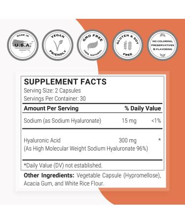 Supersmart Hyaluronic Acid Supplement 300mg per Day (Sodium Hyaluronate) - High Molecular Weight 1.2 Million Daltons | Non-GMO & Gluten Free - 60 Vegetarian Capsules - Buy Online on GoSupps.com