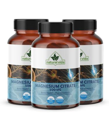 Natural Vida Magnesium Citrate 500mg + Vitamin D 180 Capsules - 12 Months Supply - Easily Absorbed - Muscle Heart & Digestive Support - One per Day Non-GMO (2) - Buy Online on GoSupps.com