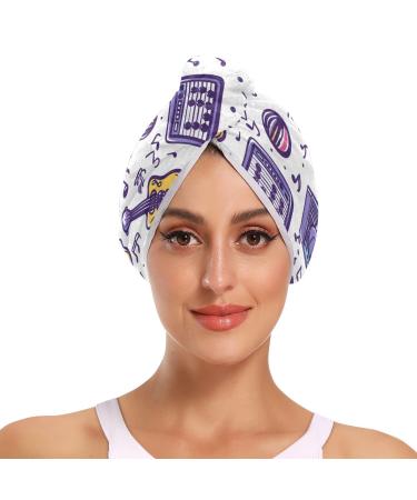 Music Notes Guitar Radio Hair Towel 2 Pack Super Absorbent Hair Drying Towel Quick Dry Hair Turbans Head Towel with Button Twisty Wrap for Women Girls