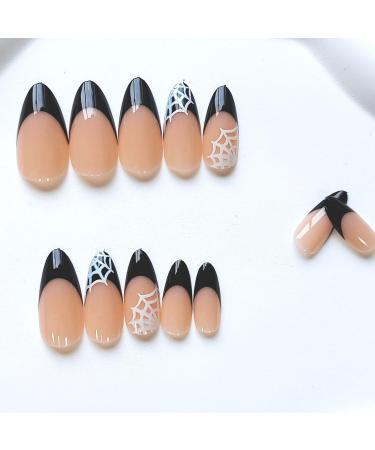 French Tip Press on Nails - Almond Shape Full Cover Acrylic | Halloween Spider Web Design - Glossy Stick-On Nails for Women/Girls - Buy Online on GoSupps.com