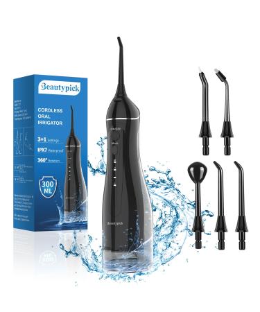 Water Dental Flosser Pick for Teeth: Cordless Portable Oral Irrigator 300ML Rechargeable Water Teeth Cleaner IPX7 Waterproof Flossing Cleaning Picks for Home Travel Black
