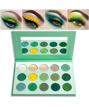 Green Eyeshadow Palette QIUFSSE 15 Colors Eye Shadow Pallete Sets Highly Pigmented Matte Glitter Colorful Long Lasting Blendable Forest Emerald Green Yellow Makeup Pallet for Women Christmas Halloween