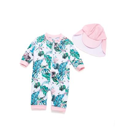 BONVERANO Baby Girls Swimsuit Toddler Bathing Suit Full-Length Zipper One Piece Swimwear with UPF 50+ Sun Protection Banana Leaf 12-18 Months